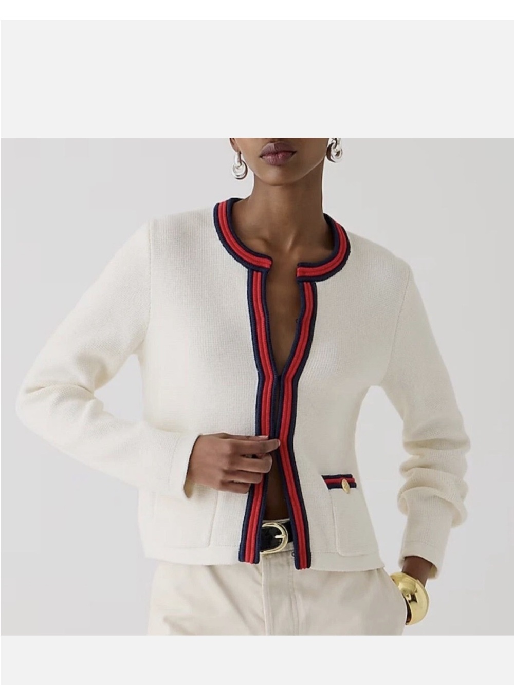 J Crew Emilie sweater lady jacket white red navy size medium